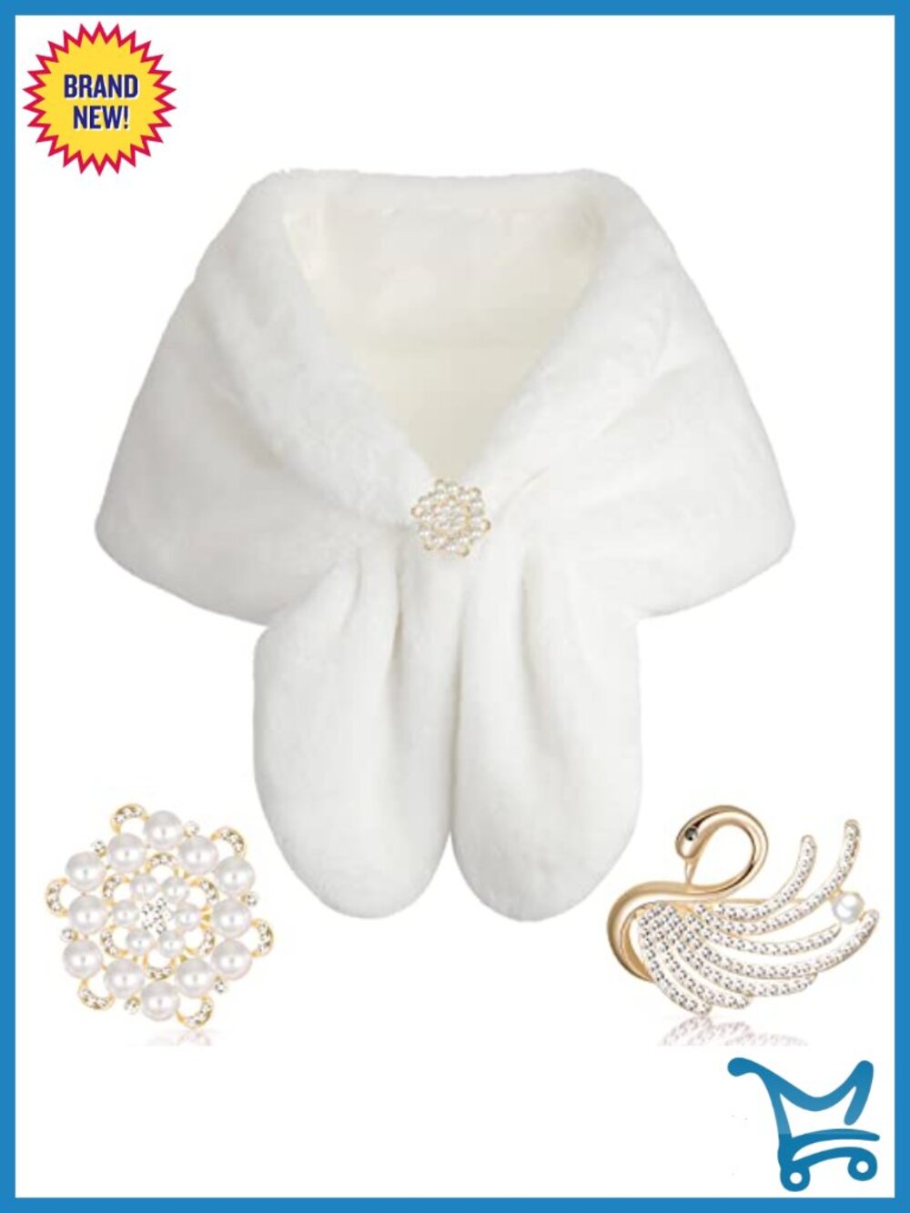 Faux Fur Shawl Wrap Stole with Rhinestone Brooches for Women